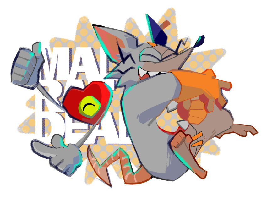 2boys ^_^ animal_ears clenched_hand closed_eyes colored_sclera commentary_request copyright_name fangs gloves grey_gloves heart heart_(mad_rat_dead) highres hole_in_chest hole_on_body index_finger_raised mad_rat_(mad_rat_dead) mad_rat_dead mochako_(girugarudo8) mouse mouse_ears mouse_tail multiple_boys one-eyed open_mouth orange_gloves polka_dot stitches tail white_background yellow_sclera