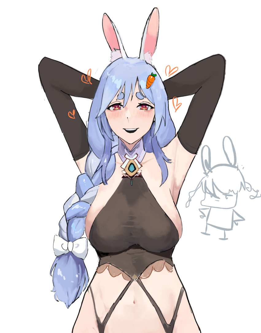 1girl animal_ear_fluff animal_ears armpits arms_behind_head bare_shoulders blue_hair blush breasts carrot_hair_ornament female_pervert food-themed_hair_ornament greekans hair_ornament heart highres hololive large_breasts long_hair looking_at_viewer navel orange_eyes pekomama pervert rabbit_ears short_eyebrows sideboob simple_background sleeves_past_elbows smile solo usada_pekora white_background