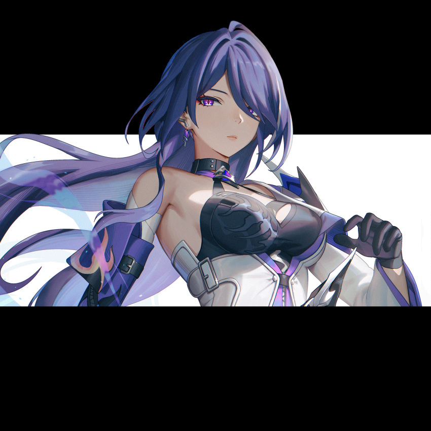 1girl absurdres acheron_(honkai:_star_rail) artofmiin black_choker black_gloves breasts choker commentary gloves hair_over_one_eye highres honkai:_star_rail honkai_(series) long_hair looking_at_viewer medium_breasts purple_eyes purple_hair solo upper_body very_long_hair