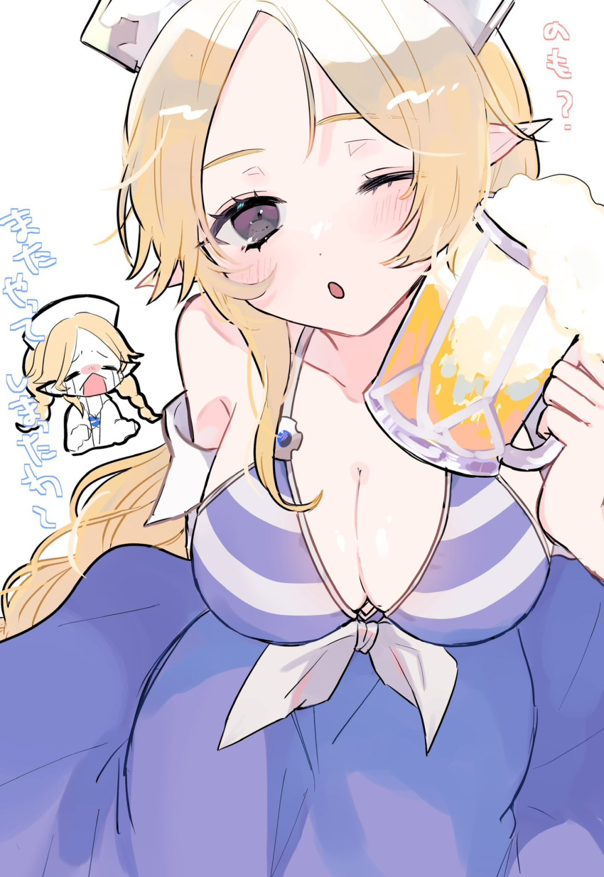 1girl ;o beer_mug bikini bikini_top_only blonde_hair blue_skirt blush breasts chibi chibi_inset cleavage collarbone commentary_request crying cup highres holding holding_cup large_breasts long_hair looking_at_viewer mug nikupara22 one_eye_closed pointy_ears princess_connect! simple_background skirt striped_bikini striped_clothes swimsuit translation_request very_long_hair white_background yukari_(princess_connect!) yukari_(summer)_(princess_connect!)