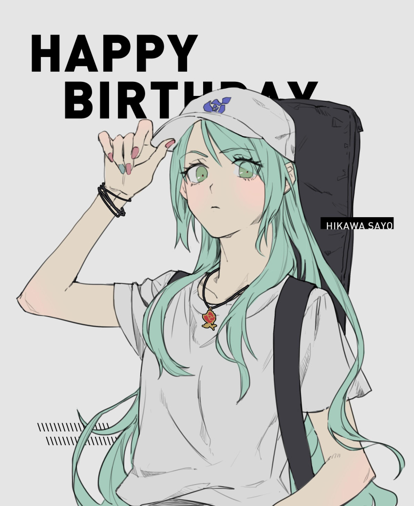 1girl absurdres bang_dream! baseball_cap bracelet character_name commentary english_commentary expressionless green_eyes green_hair green_nails grey_background guitar_case happy_birthday hat highres hikawa_sayo instrument_case instrument_on_back jewelry looking_at_viewer necklace pink_nails rekari_(rekari628) shirt short_sleeves solo upper_body white_hat white_shirt