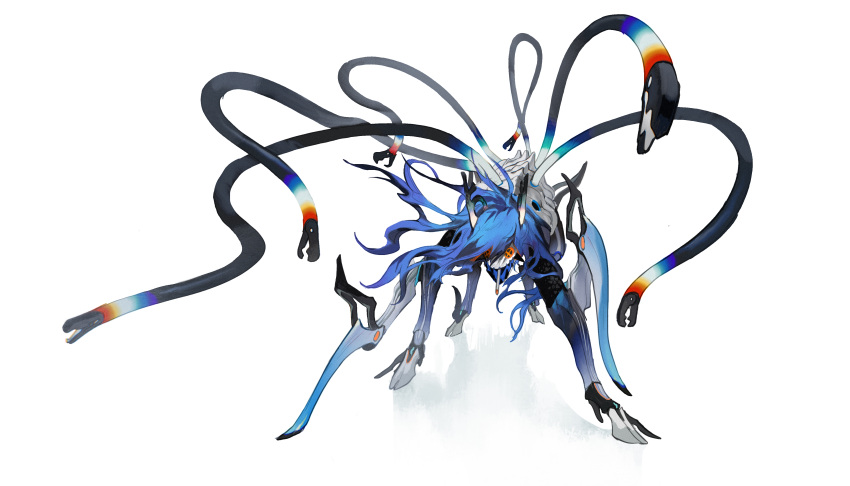 absurdres blue_hair creature full_body highres hooves kamikiririp mechanic mechanical_parts no_humans open_mouth original robot shadow solo white_background wire