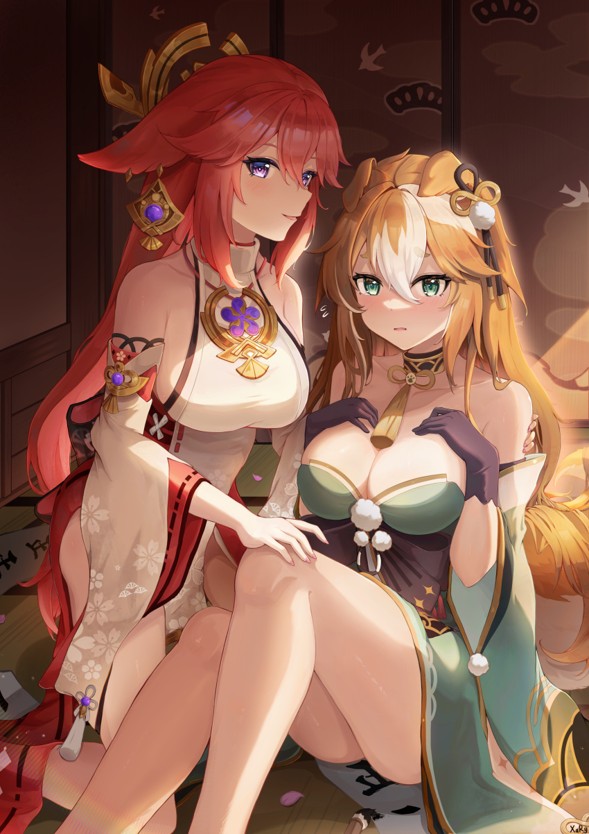 2girls absurdres animal_ears architecture ass bare_shoulders black_gloves blush breasts brown_hair cleavage collarbone commentary_request dangle_earrings detached_sleeves dog_ears dog_girl dog_tail droopy_ears earrings east_asian_architecture embarrassed fox_ears fox_girl genderswap genderswap_(mtf) genshin_impact gloves gorou_(genshin_impact) green_eyes hair_between_eyes hair_ornament highres hina_(genshin_impact) indoors japanese_clothes jewelry large_breasts long_hair long_sleeves looking_at_viewer multicolored_hair multiple_girls neck_ring necklace nontraditional_miko parted_lips paw_print pendant pink_hair purple_eyes ribbon-trimmed_sleeves ribbon_trim shouji sidelocks sitting sliding_doors smile strapless_kimono streaked_hair tail tatami two-tone_hair wide_sleeves xary yae_miko
