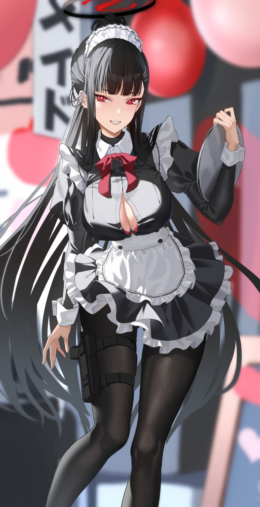 1girl absurdres alternate_costume apron black_dress black_hair black_pantyhose blue_archive breasts bright_pupils cleavage dress enmaided feet_out_of_frame frilled_apron frills grin hair_ornament hairpin halo highres holding holding_tray juliet_sleeves large_breasts long_hair long_sleeves looking_at_viewer maid maid_apron maid_headdress ojisan_kamo_shiremasen pantyhose puffy_sleeves red_eyes rio_(blue_archive) smile solo tray waist_apron white_apron white_pupils