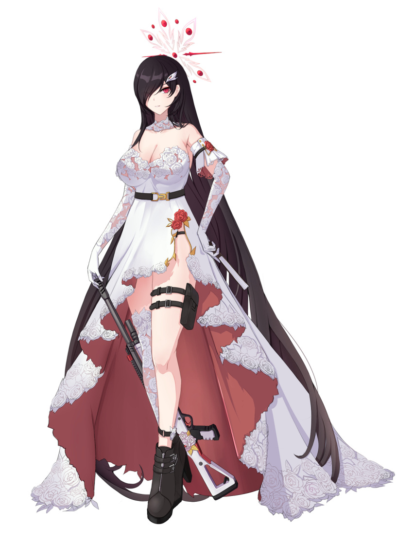 1girl alternate_species assault_rifle beatrice_(blue_archive) black_hair blue_archive boots breasts cleavage dress folded_fan folding_fan gun hair_over_one_eye hand_fan highres holding holding_fan holding_gun holding_weapon humanization large_breasts long_hair looking_at_viewer mulson red_eyes rifle solo strapless strapless_dress very_long_hair weapon white_background white_dress