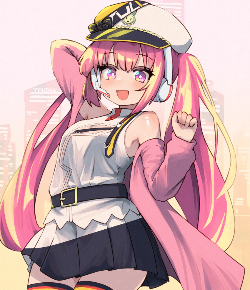 1girl :d arm_up beatmania_iidx belt black_belt black_skirt blush body_blush breasts building commentary_request cowboy_shot hat headphones headset highres long_hair looking_at_viewer medium_bangs medium_breasts miniskirt mizushiro_celica open_mouth peaked_cap pink_eyes pink_hair pink_shirt pleated_skirt shiny_skin shirt shirt_partially_removed skirt skyscraper smile solo tekina_(chmr) twintails very_long_hair white_hat