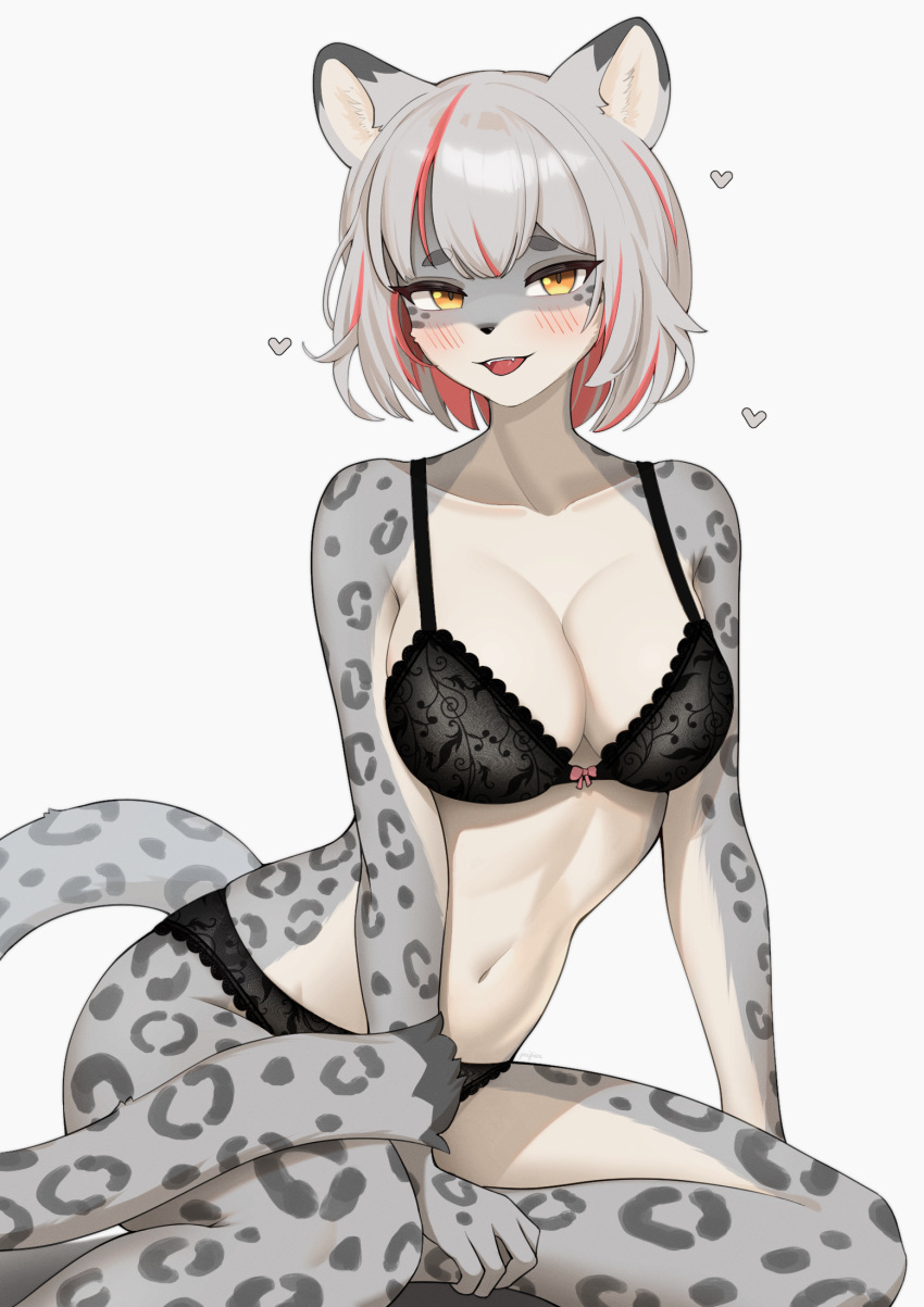 1girl animal_ears animal_print black_bra black_panties bra breasts furry furry_female grey_fur grey_hair highres jeifier_(korfiorano01) large_breasts leopard_ears leopard_girl leopard_print lingerie medium_hair multicolored_fur multicolored_hair navel original panties red_hair solo stomach tail underwear yellow_eyes