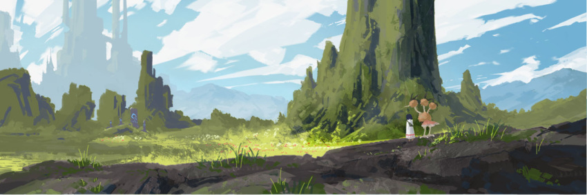 1girl bag black_hair cloud coat commentary day dodrio grass moss nature obane_(desert00) outdoors pokemon pokemon_(creature) scenery short_hair sky standing white_coat