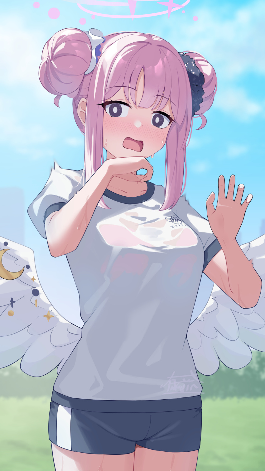 1girl absurdres angel_wings black_shorts blue_archive blush breasts commentary_request cowboy_shot crescent crescent_pin day double_bun feathered_wings fukujin gym_shirt gym_uniform hair_bun halo highres large_breasts long_hair looking_at_viewer mika_(blue_archive) open_mouth outdoors pink_hair pink_halo shirt short_sleeves shorts signature solo white_shirt white_wings wings