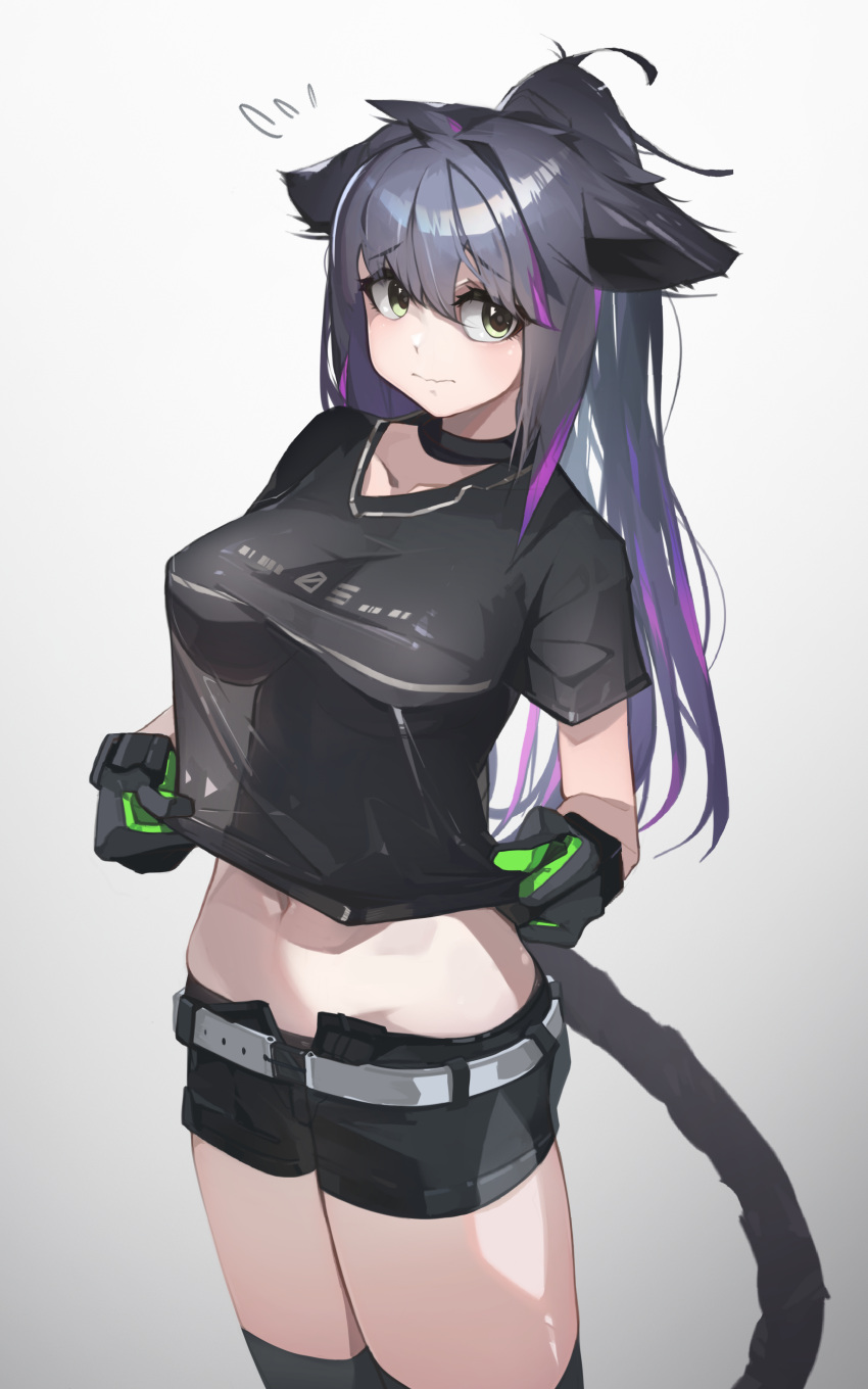 1girl absurdres animal_ears arknights belt black_choker black_gloves black_hair black_shirt black_shorts black_thighhighs breasts cat_ears cat_tail choker commentary cowboy_shot gloves gradient_background grey_background grey_belt highres jessica_(arknights) jessica_the_liberated_(arknights) large_breasts long_hair looking_at_viewer midriff navel plabit ponytail see-through_silhouette shirt short_shorts short_sleeves shorts solo standing tail thighhighs thighs very_long_hair