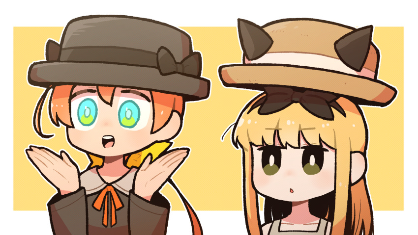 2girls aqua_eyes black_bow black_hat black_ribbon black_shirt blonde_hair boater_hat border bow bright_pupils brown_hat commentary_request dress floating_hat green_eyes grey_dress hands_up hat hat_bow hat_ribbon highres long_hair long_sleeves looking_ahead multiple_girls neck_ribbon open_mouth orange_hair orange_ribbon original outline outside_border ribbon shirt short_hair_with_long_locks simple_background sleeveless sleeveless_dress smile takurada teeth triangle_mouth upper_body upper_teeth_only white_border white_outline white_pupils white_ribbon yellow_background