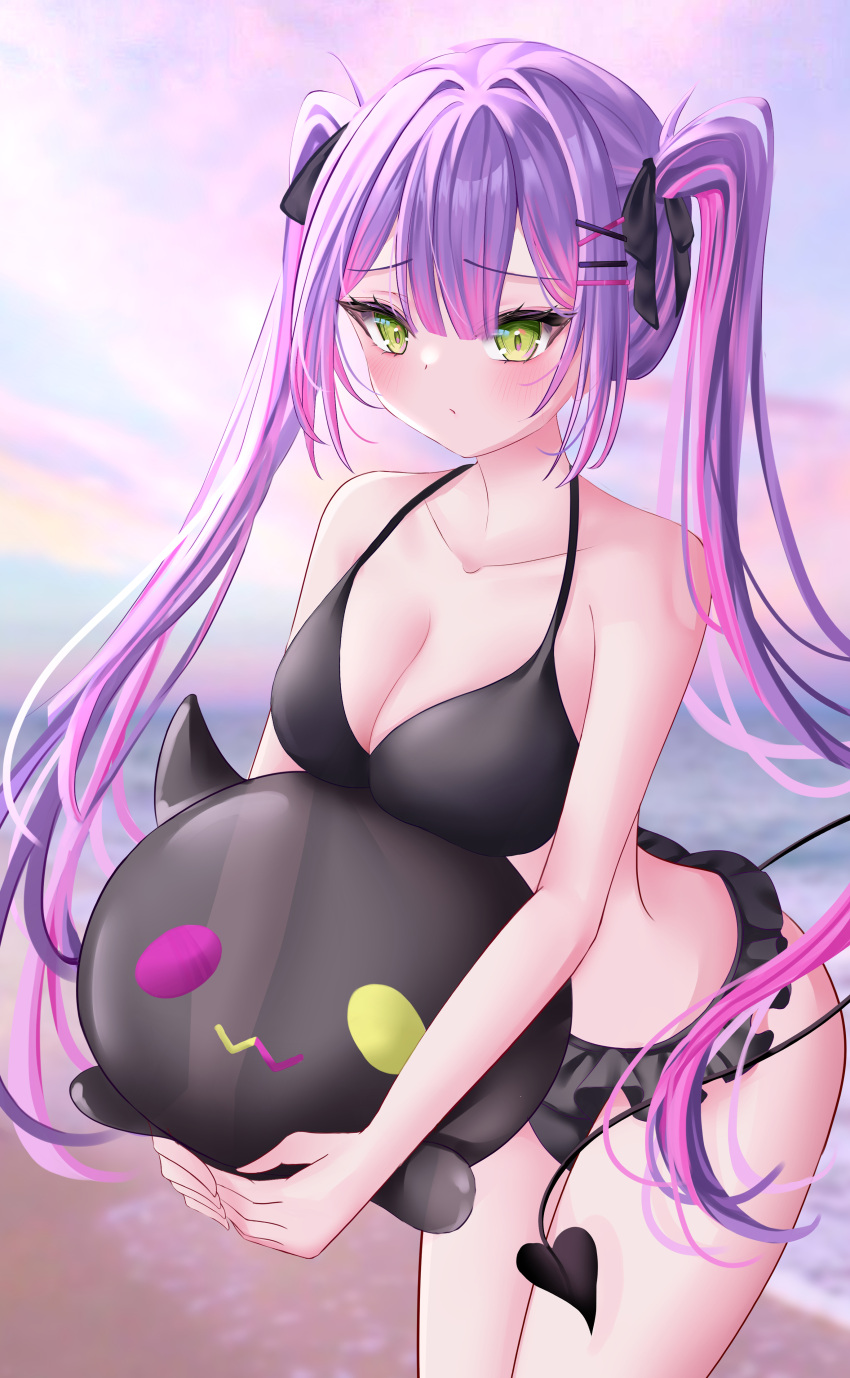 1girl absurdres beach bibi_(tokoyami_towa) bikini black_bikini blush breasts cocoa2080 collarbone day demon_tail frilled_bikini frills green_eyes hair_ornament hairclip highres hololive long_hair looking_at_viewer multicolored_hair navel pink_hair purple_hair solo streaked_hair swimsuit tail tokoyami_towa twintails virtual_youtuber x_hair_ornament