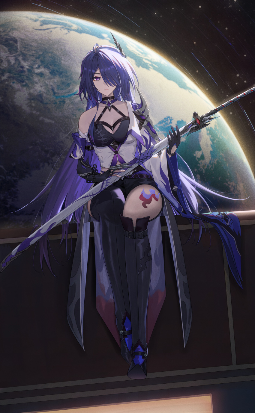 1girl absurdres acheron_(honkai:_star_rail) asymmetrical_footwear black_choker black_footwear black_gloves black_shorts boots breasts choker cleavage commentary gloves hair_ornament hair_over_one_eye highres holding holding_sword holding_weapon honkai:_star_rail honkai_(series) leg_tattoo long_hair looking_at_viewer planet purple_eyes purple_hair scabbard sheath sheathed short_shorts shorts single_bare_shoulder solo sword sxing699 tattoo thigh_boots very_long_hair weapon