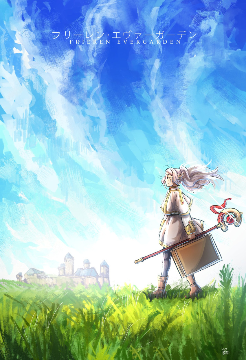 1girl artist_name black_pantyhose blue_sky boots brown_footwear capelet castle cloud commentary english_commentary floating_hair frieren from_side full_body gold_trim grass highres holding holding_staff holding_suitcase long_sleeves mage_staff ononotsu outdoors pantyhose parody pointy_ears profile skirt sky sleeve_cuffs solo sousou_no_frieren staff suitcase violet_evergarden_(series) white_capelet white_hair white_skirt