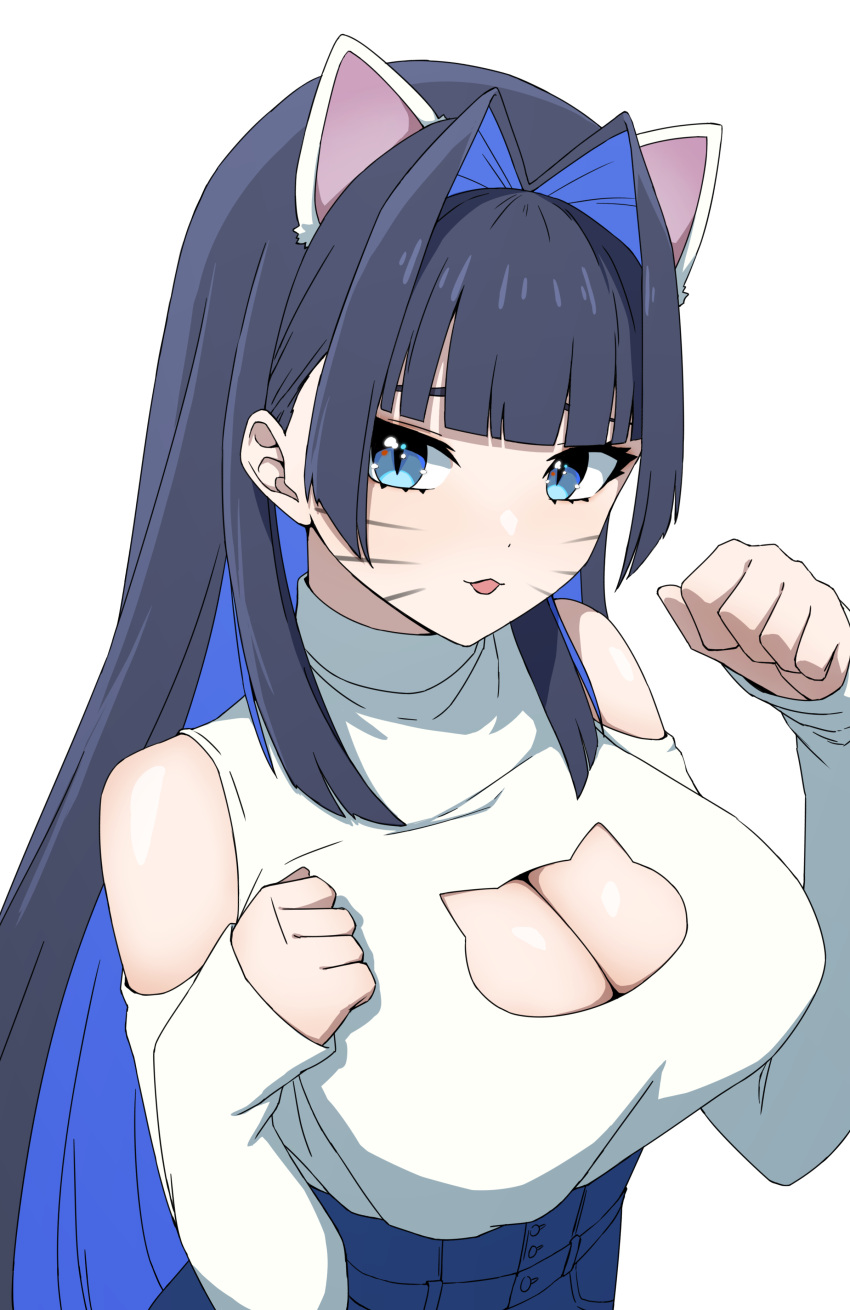 1girl :3 absurdres animal_ears bare_shoulders black_hair blue_eyes blue_hair breasts cat_cutout cat_ears cleavage cleavage_cutout clothing_cutout daydarion fake_animal_ears highres hololive hololive_english large_breasts long_hair looking_at_viewer multicolored_hair official_alternate_costume ouro_kronii ouro_kronii_(casual) paw_pose shirt simple_background solo tongue tongue_out two-tone_hair upper_body virtual_youtuber white_background white_shirt