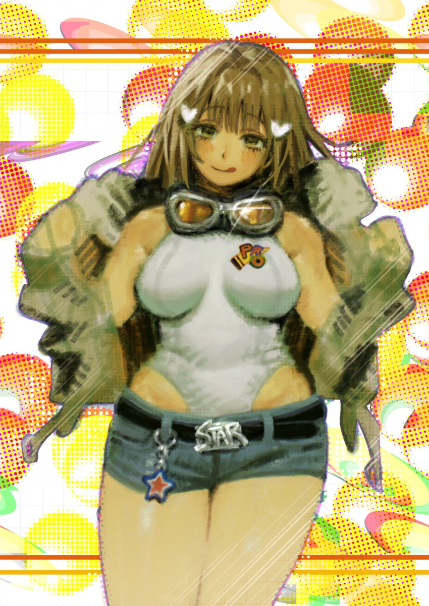 1girl :q blunt_bangs breasts brown_hair charm_(object) cowboy_shot goggles goggles_around_neck halftone highres hott0g111 jacket nanaco_(hott0g111) original shorts tongue tongue_out