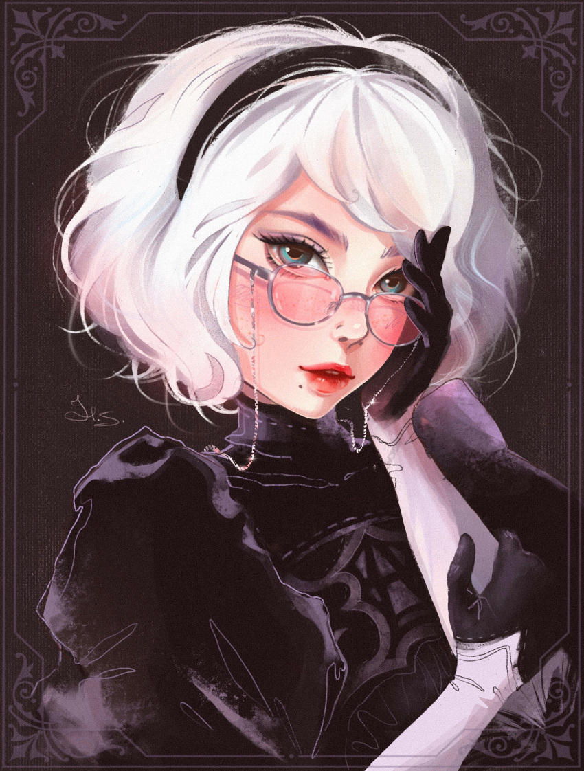 1girl 2b_(nier:automata) android bespectacled black_dress black_gloves black_hairband blue_eyes blush border brown_background commentary dark_background dress english_commentary eyelashes eyewear_strap glasses glint gloves grey-framed_eyewear grey_border hairband hand_on_own_head helena_sau highres inset_border lipstick looking_at_viewer looking_over_eyewear makeup mole mole_under_mouth nier:automata nier_(series) no_blindfold ornate_border parted_lips pink-tinted_eyewear red_lips short_hair signature solo tinted_eyewear turtleneck upper_body white_hair