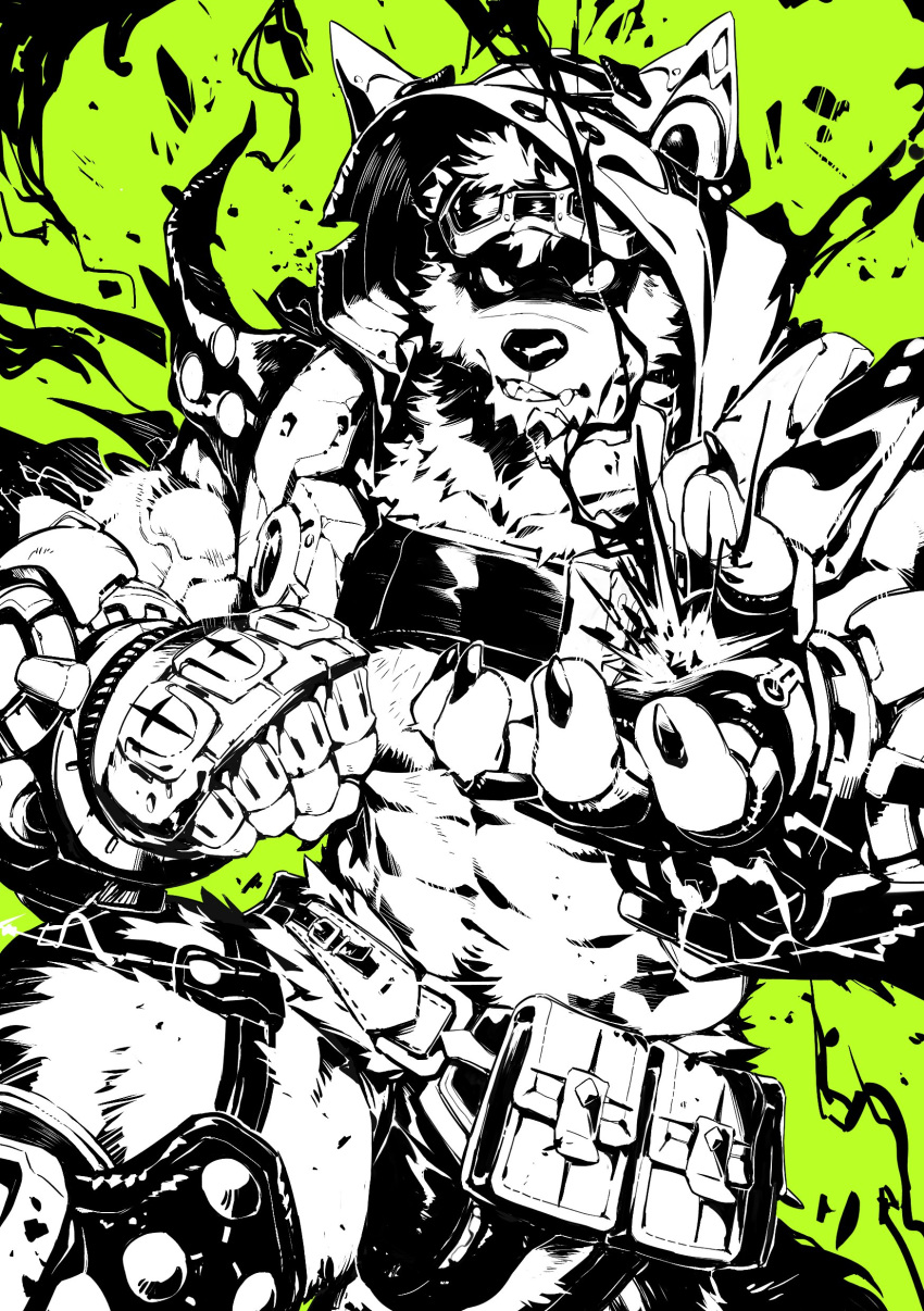 1boy abs absurdres armored_gloves bara belt bulge fangs furry furry_male goggles goggles_on_head green_background highres hood hood_up male_focus muscular muscular_male null-ghost original partially_colored solo star_tattoo tattoo veins