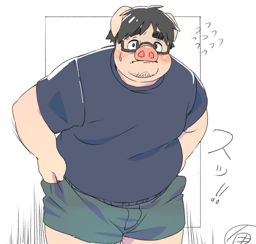 2024 anthro blush bottomwear clothing domestic_pig eyewear glasses inunoshippo kemono male mammal overweight overweight_male shirt shorts simple_background solo suid suina sus_(pig) topwear