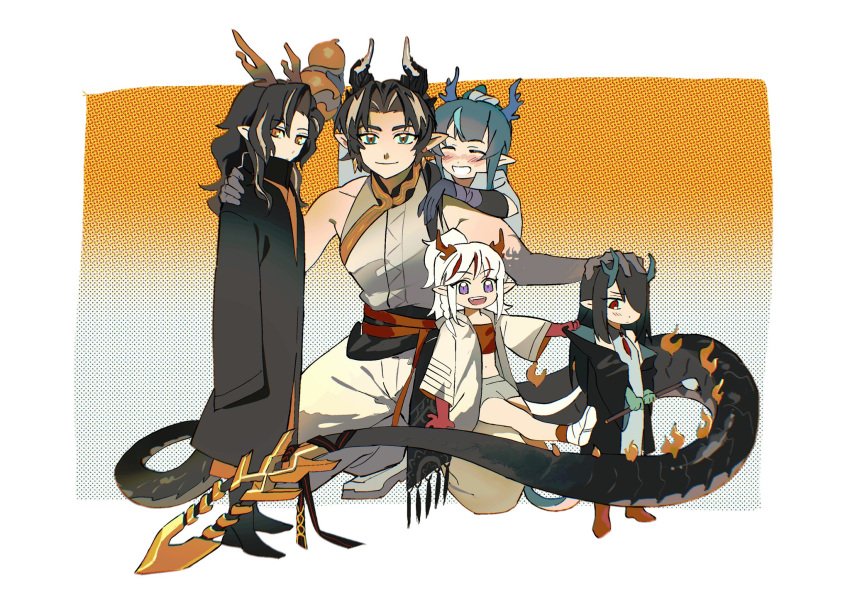 2boys 3girls aged_down arknights bandeau bare_shoulders black_hair black_robe blush border brown_hair character_request check_character chinese_clothes chinese_commentary chong_yue_(arknights) closed_eyes closed_mouth commentary_request dragon_boy dragon_girl dragon_horns dragon_tail dusk_(arknights) expressionless full_body gourd green_eyes green_hair grey_hair grey_jacket grey_shirt grey_shorts hair_over_one_eye hand_on_another's_head hand_on_another's_shoulder highres holding holding_gourd horns jacket kneeling ling_(arknights) long_sleeves looking_at_viewer looking_down multicolored_hair multiple_boys multiple_girls nian_(arknights) one_eye_covered open_clothes open_jacket open_mouth orange_eyes pointy_ears purple_eyes red_bandeau red_eyes robe shirt shorts sleeveless sleeveless_shirt sleeves_past_fingers sleeves_past_wrists smile split_mouth standing streaked_hair tail wang_(arknights) white_border white_hair zheliyougui