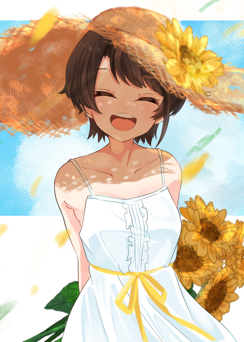 1girl :d ^_^ absurdres alternate_costume arms_behind_head black_hair bouquet closed_eyes collarbone dress flower hashtag-only_commentary hat highres holding holding_bouquet holding_flower hololive nonco_no oozora_subaru outdoors short_hair sleeveless sleeveless_dress smile solo spaghetti_strap straw_hat sun_hat sunflower upper_body virtual_youtuber white_dress