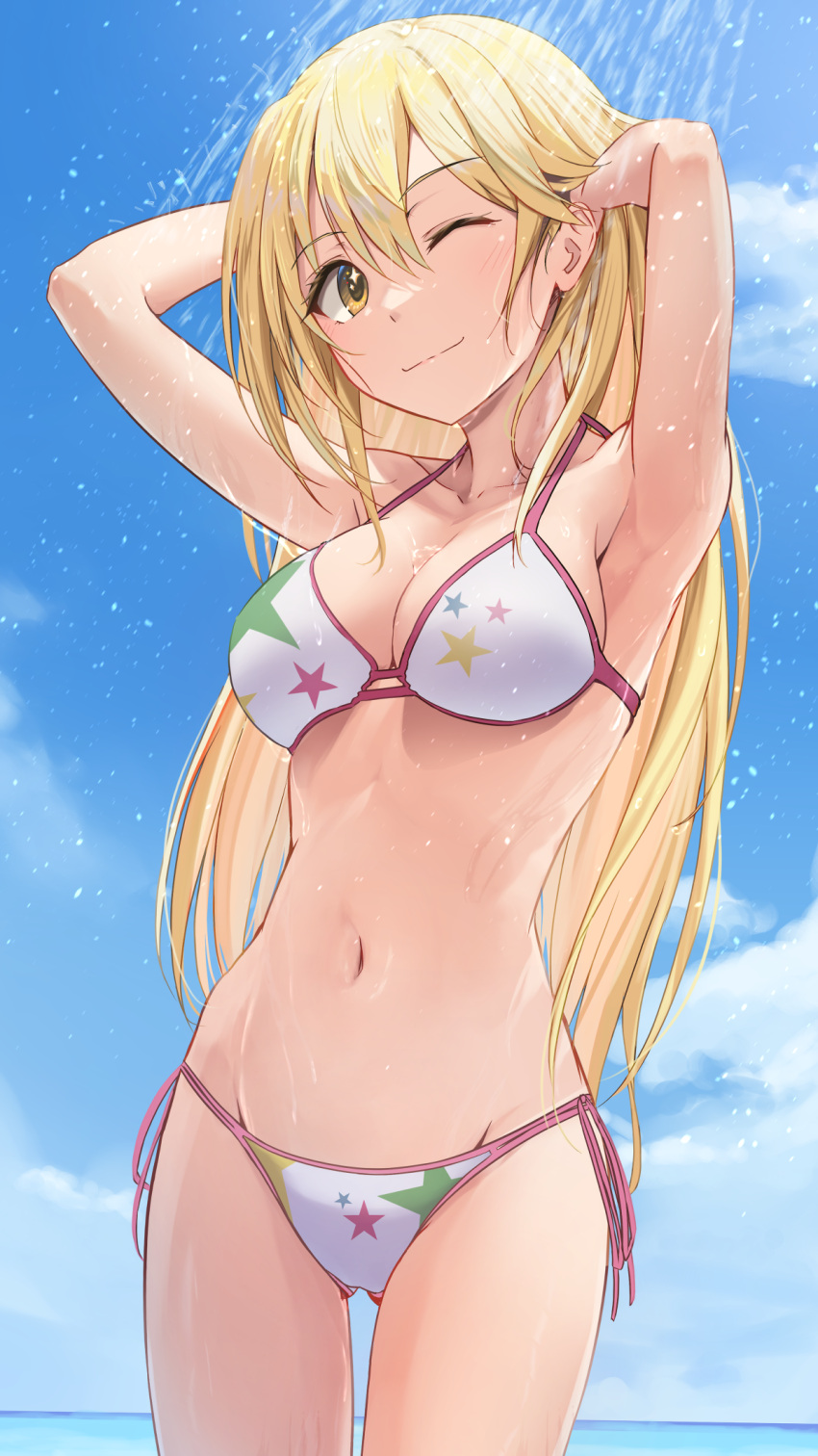 1girl ;) arms_behind_head bikini blonde_hair blue_sky breasts cleavage closed_mouth commentary_request hair_lift highres k3rd large_breasts long_hair looking_at_viewer navel official_alternate_costume one_eye_closed outdoors paid_reward_available print_bikini shokuhou_misaki showering sky smile solo sparkling_eyes star_(symbol) star_print swimsuit toaru_kagaku_no_railgun toaru_majutsu_no_index toaru_majutsu_no_index:_imaginary_fest wet wet_hair white_bikini yellow_eyes