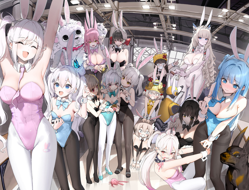 &lt;|&gt;_&lt;|&gt; 6+girls ^_^ admi_(nikke) alice_(nikke) all_fours alternate_costume animal_ears aqua_bow aqua_bowtie aqua_leotard armpits arms_up bare_shoulders belorta_(nikke) biscuit_(nikke) black_bow black_bowtie black_leotard black_necktie black_pantyhose blue_bow blue_bowtie blue_eyes blue_leotard bow bowtie breasts chime_(nikke) cleavage closed_eyes closed_mouth creator_connection crown_(nikke) dduck_kong detached_collar dog extra_ears fake_animal_ears food goddess_of_victory:_nikke grey_hair hair_ornament hard_hat helmet high_heels highleg highleg_leotard highres holding holding_ice_cream_cone ice_cream ice_cream_cone ice_cream_cone_spill indoors jackal_(nikke) large_breasts leona_(nikke) leotard lion liter_(nikke) looking_at_another looking_down milk_(nikke) multiple_girls multiple_views n102_(nikke) necktie non-humanoid_robot open_mouth pantyhose pink_bow pink_bowtie pink_hair pink_leotard pink_necktie rabbit_ears red_eyes robot robot_animal robot_dog sakura_(nikke) shifty_(nikke) signal_(nikke) slippers smile standing timi_(nikke) twintails volt_(nikke) white_bow white_hair white_leotard white_pantyhose white_wrist_cuffs wrist_cuffs yellow_bow yellow_bowtie yellow_leotard