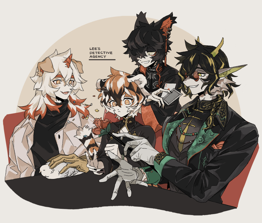 1girl 3boys aak_(arknights) ace_(playing_card) ace_of_diamonds animal_ear_piercing arknights black_coat black_shirt card cat_boy china_dress chinese_clothes coat confetti diamond_(shape) dog_boy dragon_boy dress fang flower furry furry_female furry_male gloves grey_background grin hair_between_eyes holding holding_card holding_flower hung_(arknights) jacket lee_(arknights) multiple_boys open_mouth orange_eyes playing_card red_flower shirt sirakaro slit_pupils smile tiger_girl waai_fu_(arknights) white_gloves white_jacket