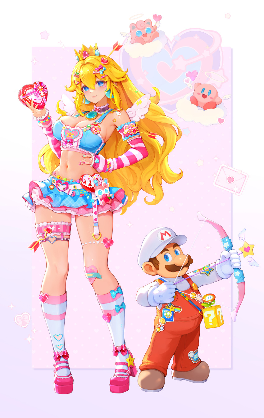 1boy 1girl blonde_hair blue_bra blue_eyes blue_skirt bow_(weapon) box bra breasts brown_hair earrings facial_hair gloves hat heart-shaped_box high_heels highres jewelry kirby kirby_(series) long_hair mario mario_(series) medium_breasts midriff mushroommirror mustache navel nintendo overalls pink_footwear princess_peach red_overalls skirt smile stomach thighhighs underwear weapon white_hat