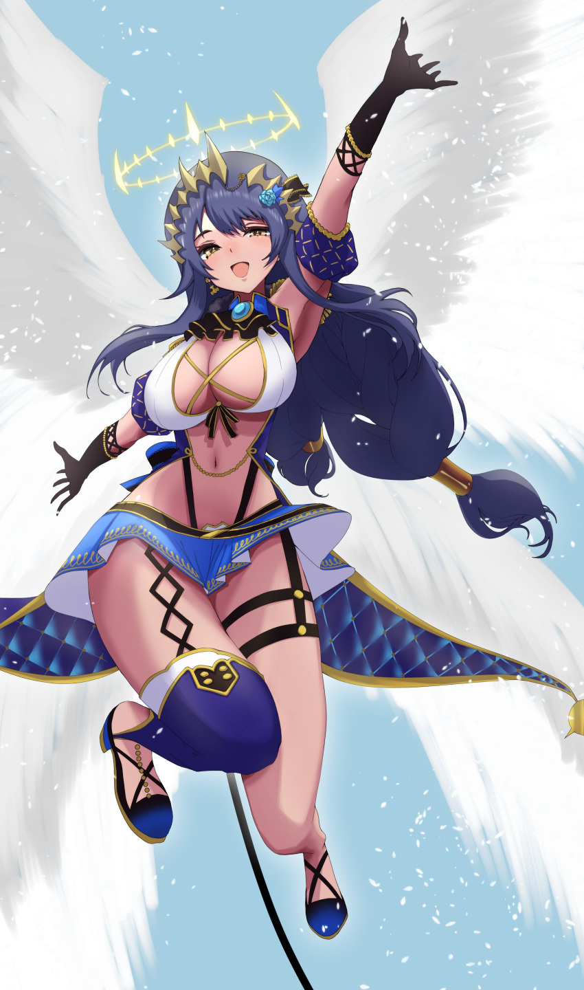 1girl absurdres arm_up armpits ascot black_ascot black_gloves blue_background blue_brooch blue_flower blue_footwear blue_hair blue_skirt blue_thighhighs breasts cleavage commentary_request detached_sleeves feathered_wings flower full_body gloves hair_flower hair_ornament halo highres large_breasts long_hair looking_at_viewer low-tied_long_hair medium_bangs miniskirt nanashi_inc. navel open_mouth puffy_detached_sleeves puffy_sleeves ryokuoushoku_hitode shimamura_charlotte shoes showgirl_skirt single_thighhigh skirt smile solo tan thighhighs virtual_youtuber white_wings wings yellow_eyes yellow_halo