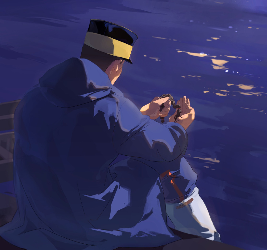 1boy blue_jacket boat commentary ddamma_7 facing_away golden_kamuy hat highres holding holding_hair hood hood_down jacket kepi male_focus military_hat outdoors short_hair sitting symbol-only_commentary tsukishima_hajime very_short_hair water watercraft