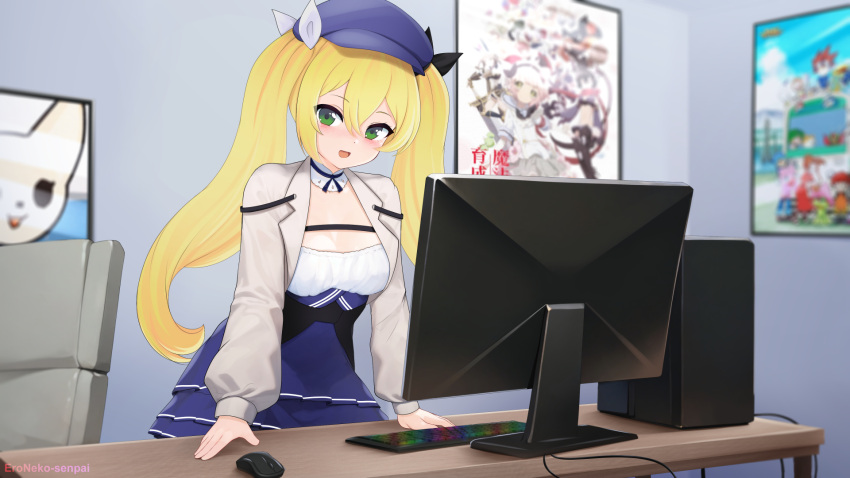 1girl :d artist_name blonde_hair blue_dress blue_hat blurry blurry_background blush breasts chair cleavage computer computer_tower cowboy_shot dokibird_(vtuber) dress eroneko_senpai green_eyes grey_jacket highres indie_virtual_youtuber indoors jacket keyboard_(computer) long_hair long_sleeves medium_breasts monitor mouse_(computer) open_clothes open_jacket poster_(object) second-party_source shirt smile solo standing table twintails underbust virtual_youtuber white_shirt