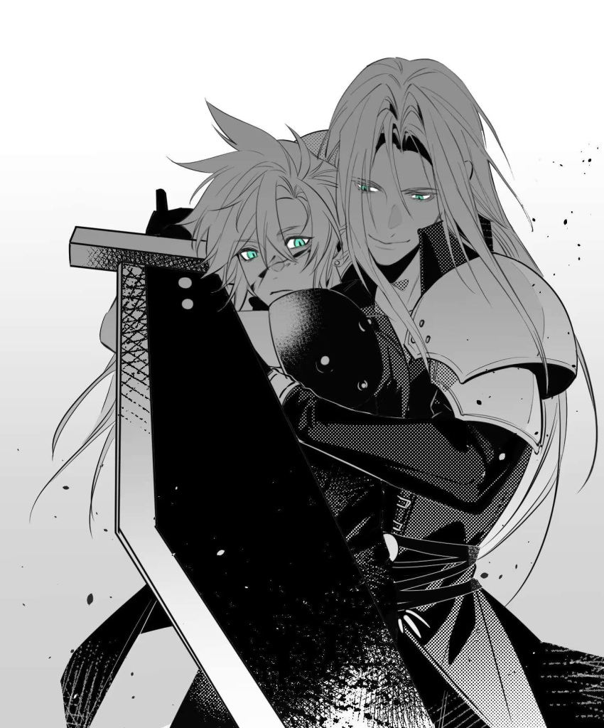 2boys armor black_gloves blood buster_sword cloud_strife dapanggezilan final_fantasy final_fantasy_vii gloves glowing glowing_eyes green_eyes greyscale highres holding holding_sword holding_weapon hug long_hair male_focus monochrome multiple_boys possessed sephiroth shirt short_hair shoulder_armor slit_pupils smile spiked_hair sword weapon