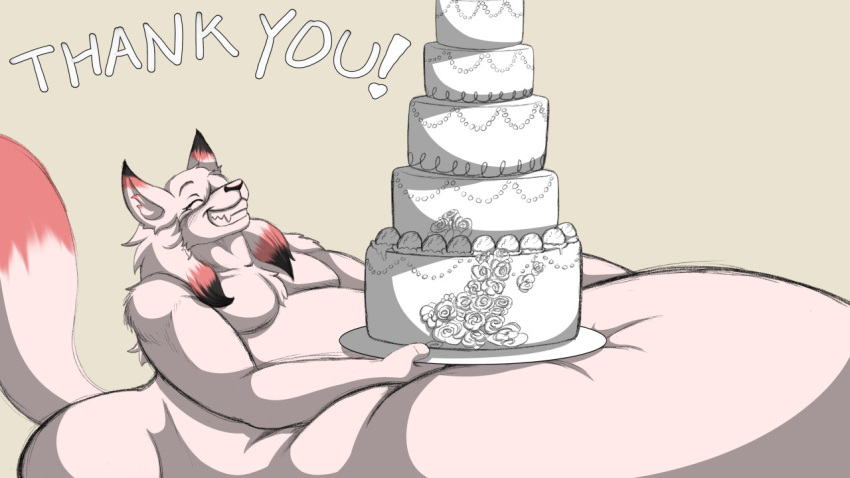 16:9 2021 anthro belly big_belly brutus_(pillowtummy) cake canid canine dessert food huge_belly male mammal overweight pillowtummy simple_background smile solo white_cake wide_hips widescreen