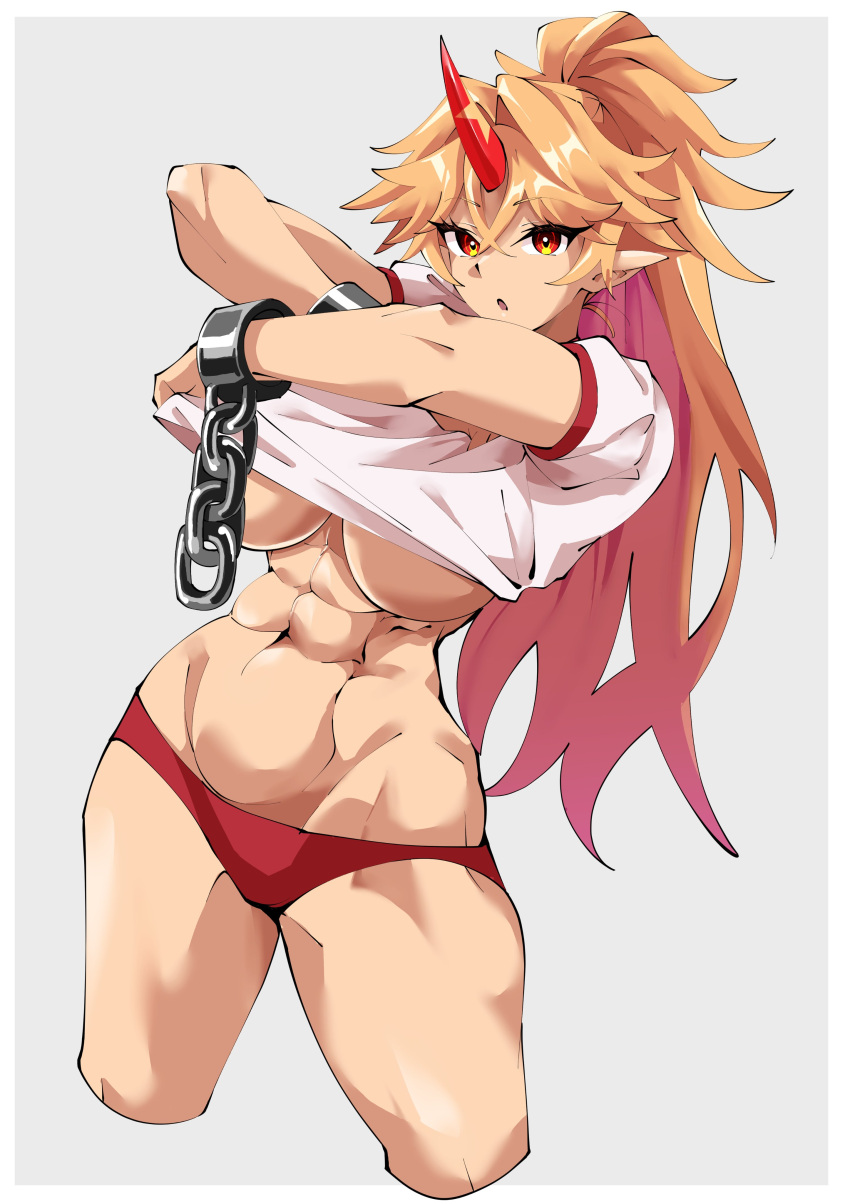 1girl abs absurdres blonde_hair breasts buruma chain clothes_lift commentary_request cowboy_shot cuffs fugaku_(miko_no_miyatsuguchi) gym_shirt gym_uniform highres horns hoshiguma_yuugi large_breasts lifted_by_self long_hair looking_at_viewer muscular muscular_female oni pointy_ears ponytail red_buruma red_eyes red_horns shackles shirt shirt_lift short_sleeves simple_background single_horn solo star_(symbol) touhou underboob