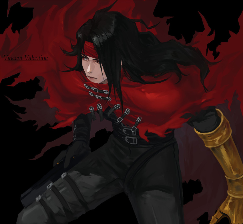 1boy belt black_gloves black_hair black_pants character_name clawed_gauntlets cloak closed_mouth cowboy_shot fighting_stance final_fantasy final_fantasy_vii gloves headband highres holster hxxnuat long_hair male_focus multiple_belts pants red_cloak red_eyes red_headband solo thigh_holster torn_cloak torn_clothes vincent_valentine