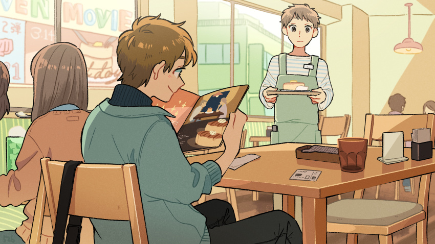 apron black_pants blue_jacket blush brown_eyes brown_hair cafe chair city closed_mouth commentary_request cup day drinking_glass employee_uniform food green_apron highres holding holding_menu holding_plate indoors jacket kojiro337 long_hair looking_at_another menu multiple_boys multiple_girls napkin on_chair original pants plate reading restaurant shirt short_hair sitting smile standing striped_clothes striped_shirt sweets table uniform waiter window