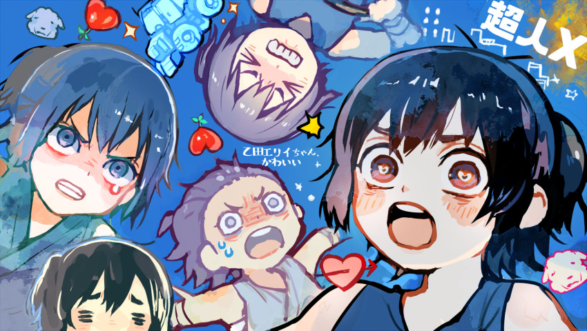 1girl angry arrow_through_heart black_hair blue_background blush choujin_x crying dog food fruit heart heart-shaped_pupils highres japanese_clothes nervous_sweating otta_ely_(choujin_x) pencil_15 purple_eyes surprised sweat symbol-shaped_pupils tractor