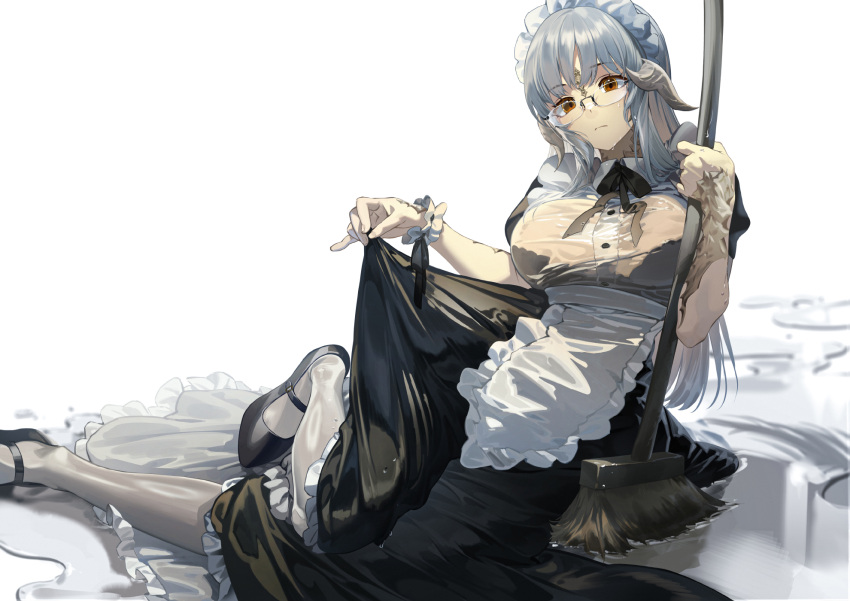 1girl apron au_ra black_bra black_dress black_footwear black_ribbon bra breasts broom dress expressionless final_fantasy final_fantasy_xiv full_body glasses grey_hair highres holding holding_broom horns large_breasts long_hair looking_at_viewer maid rff_(3_percent) ribbon see-through shoes simple_background sitting skirt_hold solo underwear waist_apron warrior_of_light_(ff14) wet wet_clothes white_apron white_background