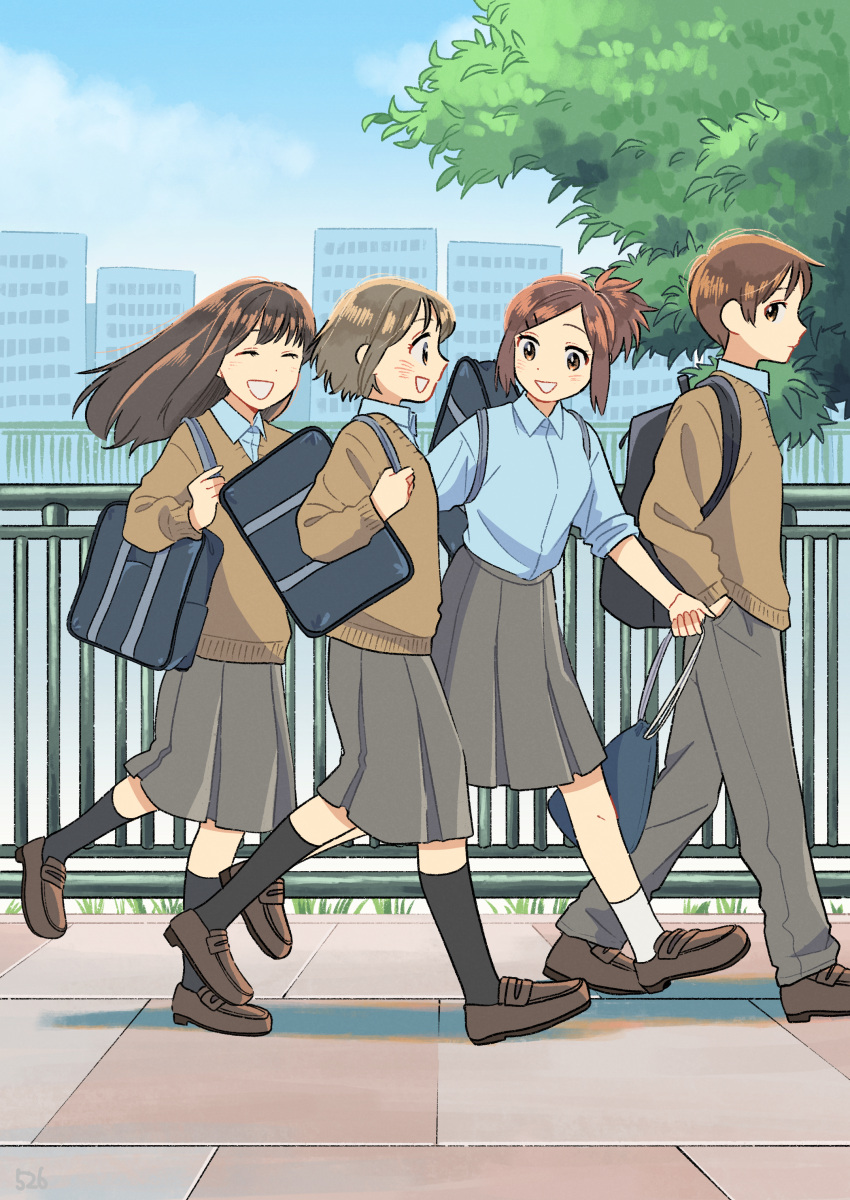 1boy 3girls ^_^ absurdres backpack bag black_socks blue_shirt blue_sky blush brown_cardigan brown_eyes brown_hair cardigan cityscape closed_eyes closed_mouth cloud collared_shirt day full_body hair_ornament hairclip hand_in_pocket highres holding holding_bag kojiro337 long_hair looking_at_another mary_janes multiple_girls open_mouth original outdoors pants pleated_skirt ponytail railing school_bag shirt shoes short_hair shoulder_bag skirt sky smile socks teeth tree walking white_socks