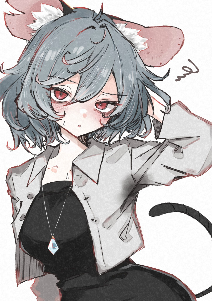 1girl alternate_costume animal_ear_fluff animal_ears arm_behind_head arm_up black_dress commentary_request deal360acv dress grey_hair grey_jacket highres jacket jewelry long_sleeves looking_at_viewer medium_hair mouse_ears mouse_tail nazrin open_clothes open_jacket open_mouth pendant red_eyes simple_background solo squiggle sweatdrop tail touhou upper_body white_background