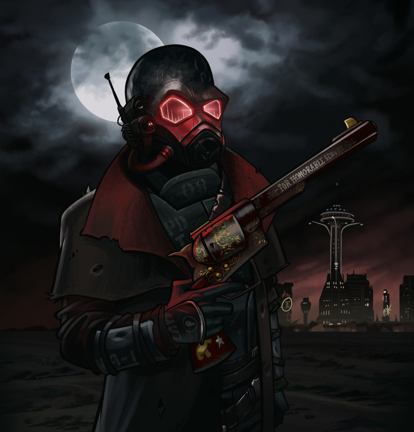 1boy absurdres angusburgers belt bracer bulletproof_vest cityscape cloud cloudy_sky desert duster fallout_(series) fallout_new_vegas gas_mask gloves glowing glowing_eyes gun helmet highres looking_at_viewer mask moon ncr ncr_veteran_ranger night night_sky raised_eyebrows red_eyes revolver sky torn_clothes weapon