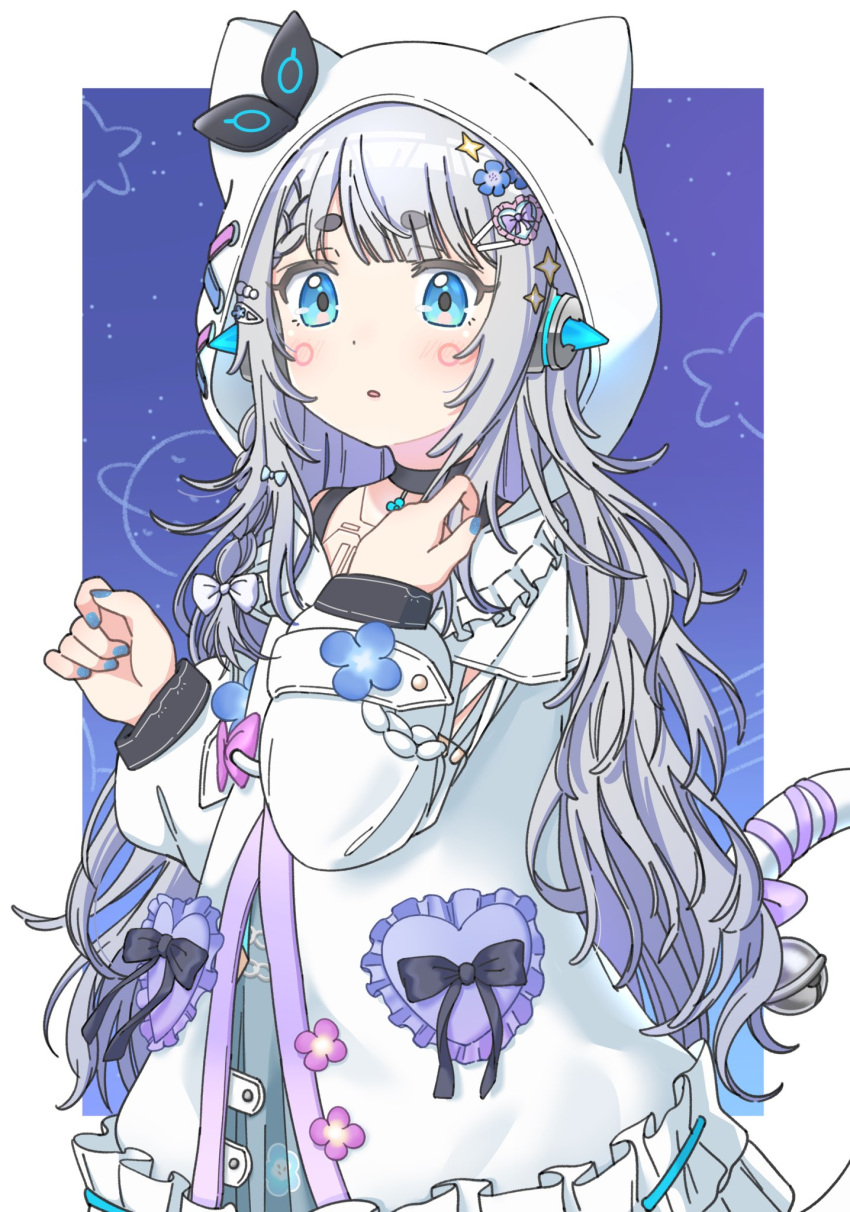 1girl and_uge bell black_bow blue_eyes blue_flower blue_nails blunt_bangs blush bow circle_facial_mark commentary commentary_request cowboy_shot dress dress_bow fingernails flower frilled_dress frills grey_hair hair_flower hair_ornament hairclip highres hood hood_up ikacho_(_ika_cho) jingle_bell long_hair looking_at_viewer medium_bangs nanashi_inc. open_mouth solo star_(symbol) star_hair_ornament symbol-only_commentary thick_eyebrows very_long_hair virtual_youtuber wavy_hair white_dress