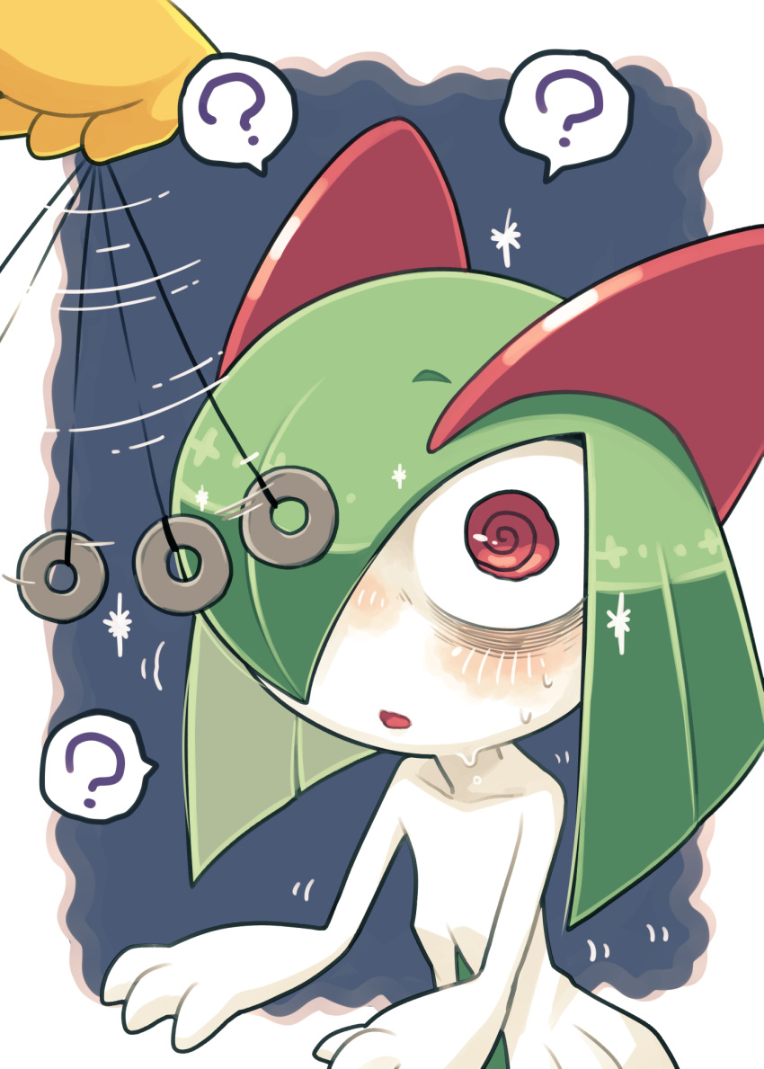 ? @_@ blue_background colored_skin green_hair hair_over_one_eye highres holding_pendulum horns hypno hypnosis ino_(tellu0120) kirlia mind_control multicolored_skin pendulum pink_eyes pokemon pokemon_(creature) sidelocks simple_background sweat two-tone_skin white_skin