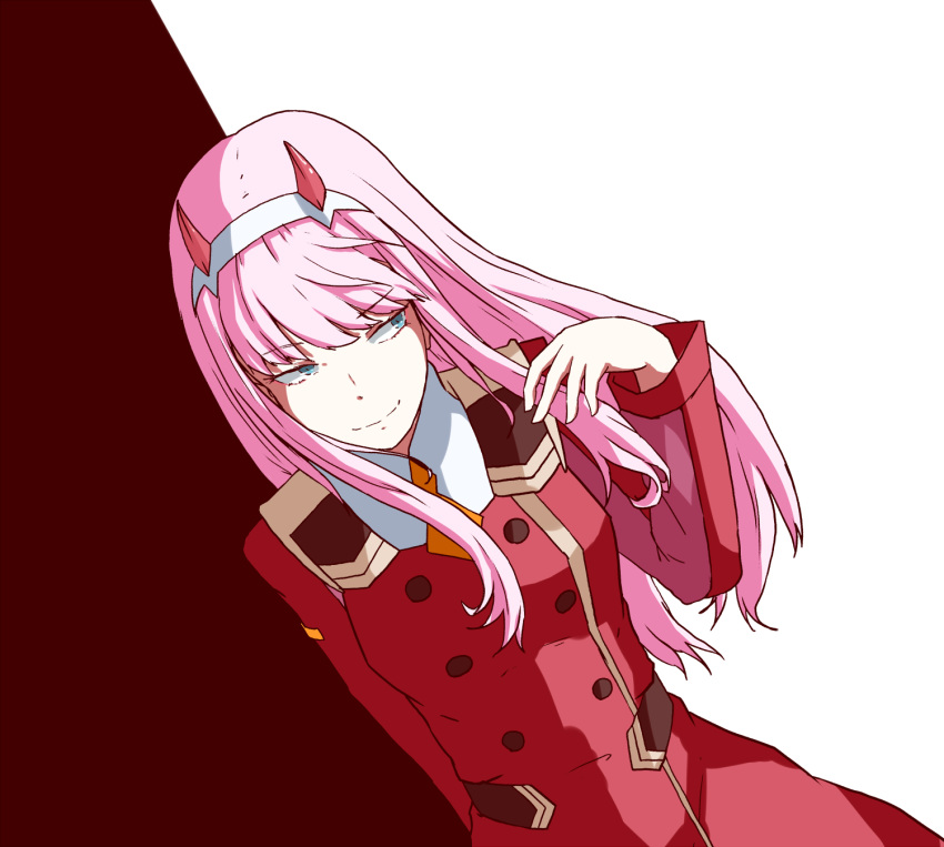 1girl blue_eyes darling_in_the_franxx dress dutch_angle hairband highres horns long_hair looking_to_the_side necktie orange_necktie pink_hair red_background red_dress red_horns short_necktie sokutenkun solo uniform white_background zero_two_(darling_in_the_franxx)