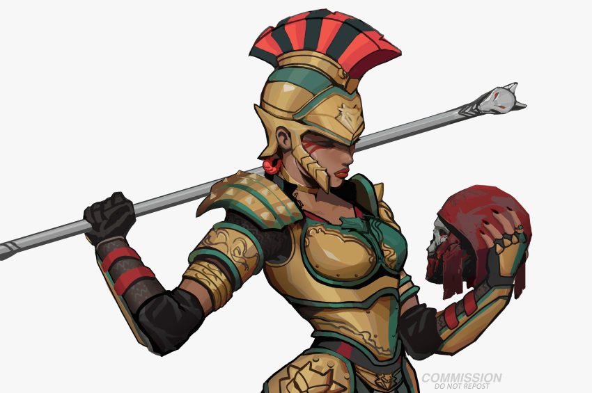 1girl absurdres apex_legends armor black_gloves black_nails breasts classic_revenant commission eyeshadow fingerless_gloves gloves grey_background grey_gloves helmet highres holding holding_head holding_staff jewelry legionnaire_loba loba_(apex_legends) looking_down makeup medium_breasts official_alternate_costume peter_chai red_eyeshadow red_lips revenant_(apex_legends) ring roman_armor severed_head single_fingerless_glove solo_focus staff upper_body