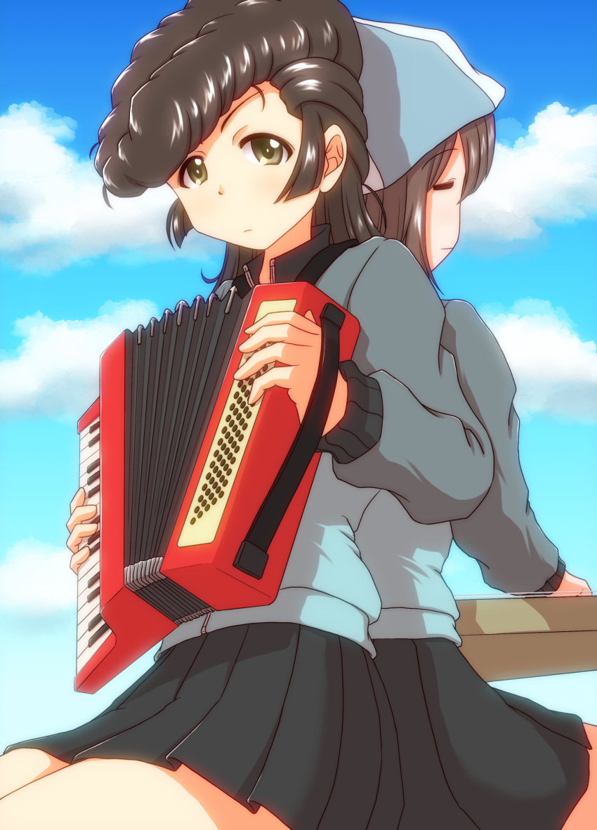 2girls accordion back-to-back black_skirt blue_hat blue_jacket blue_sky brown_eyes brown_hair closed_eyes cloud cloudy_sky commentary_request day girls_und_panzer hat highres holding holding_instrument instrument ishitsu_tadashi jacket kantele keizoku_military_uniform light_frown long_hair long_sleeves looking_at_viewer mika_(girls_und_panzer) military_uniform miniskirt multiple_girls music outdoors partial_commentary playing_instrument pleated_skirt pompadour raglan_sleeves sitting skirt sky track_jacket tulip_hat uniform yuri_(girls_und_panzer)