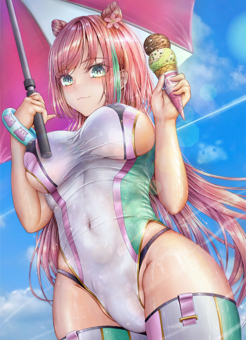 1girl absurdres breasts food green_eyes grey_hair highres ice_cream large_breasts long_hair lovely_ang_k original pink_hair sideboob solo standing stomach swimsuit thighs umbrella