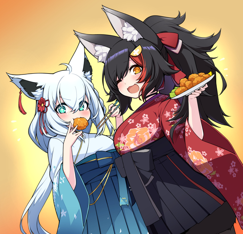 +_+ 2girls :d absurdres ahoge animal_ear_fluff animal_ears aqua_eyes black_hair black_hakama blue_hakama brown_eyes chopsticks commentary_request dutch_angle eating floral_print food_in_mouth fox_ears fox_girl gradient_kimono hair_ornament hakama highres holding holding_chopsticks hololive japanese_clothes jb_jagbung kimono long_hair looking_at_viewer multicolored_hair multiple_girls official_alternate_costume one_eye_closed ookami_mio ookami_mio_(new_year) ponytail red_hair red_kimono shirakami_fubuki shirakami_fubuki_(new_year) smile streaked_hair virtual_youtuber white_hair white_kimono wide_sleeves wolf_ears wolf_girl