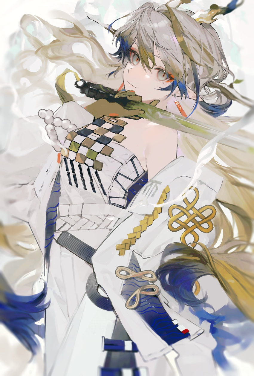 1girl arknights bare_shoulders beads belt blonde_hair blue_hair blurry closed_mouth colored_skin cowboy_shot dragon_girl dragon_horns earrings fingernails floating_hair grey_eyes grey_hair hair_between_eyes hand_up highres holding holding_sword holding_weapon horns jacket jewelry light_smile long_hair long_sleeves looking_at_viewer making-of_available multicolored_hair off_shoulder open_clothes open_jacket perdrekisuru pointy_ears shu_(arknights) sketch slit_pupils solo standing strapless sword tube_top unfinished very_long_hair video_thumbnail weapon white_belt white_horns white_jacket white_tube_top yellow_horns